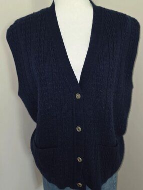 Vintage Nan Dorsey navy blue button front knit sweater vest- v neck cardigan
